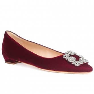 Manolo Blahnik Hangisi Flats In Red Velvet with Crystal Buckle Manolo Blahnik Hangisi Flats In Red Velvet with Crystal Buckle