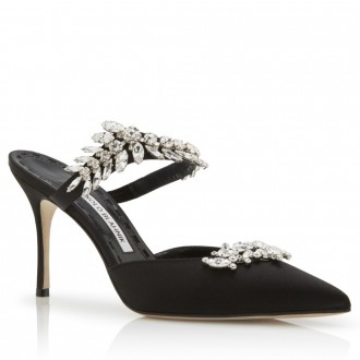 Manolo Blahnik Lurum 90mm Mules In Black Satin With Crystal Manolo Blahnik Lurum 90mm Mules In Black Satin With Crystal