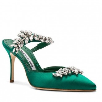 Manolo Blahnik Lurum 90mm Mules In Green Satin With Crystal Manolo Blahnik Lurum 90mm Mules In Green Satin With Crystal