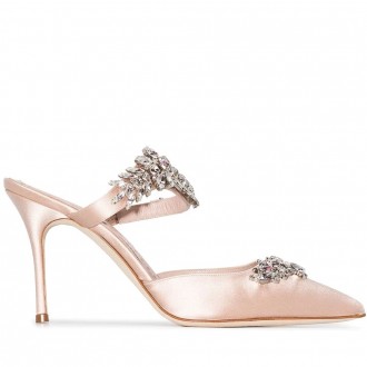 Manolo Blahnik Lurum 90mm Mules In Nude Satin With Crystal Manolo Blahnik Lurum 90mm Mules In Nude Satin With Crystal