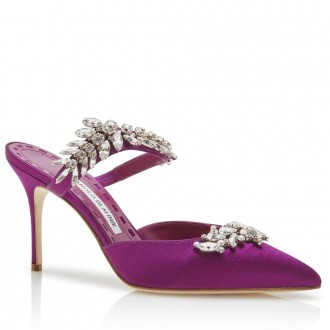 Manolo Blahnik Lurum 90mm Mules In Purple Satin With Crystal Manolo Blahnik Lurum 90mm Mules In Purple Satin With Crystal