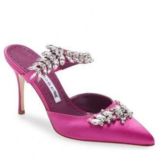 Manolo Blahnik Lurum 90mm Mules In Rose Satin With Crystal Manolo Blahnik Lurum 90mm Mules In Rose Satin With Crystal