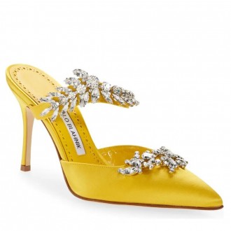 Manolo Blahnik Lurum 90mm Mules In Yellow Satin With Crystal Manolo Blahnik Lurum 90mm Mules In Yellow Satin With Crystal