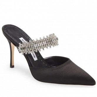 Manolo Blahnik Lutara Crystal 90mm Mules In Black Satin Manolo Blahnik Lutara Crystal 90mm Mules In Black Satin