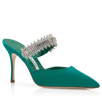 Manolo Blahnik Lutara Crystal 90mm Mules In Green Satin Manolo Blahnik Lutara Crystal 90mm Mules In Green Satin