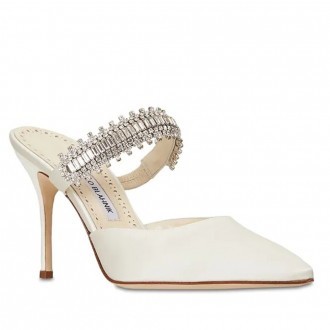 Manolo Blahnik Lutara Crystal 90mm Mules In White Satin Manolo Blahnik Lutara Crystal 90mm Mules In White Satin