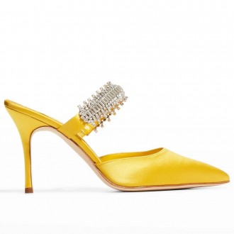 Manolo Blahnik Lutara Crystal 90mm Mules In Yellow Satin Manolo Blahnik Lutara Crystal 90mm Mules In Yellow Satin