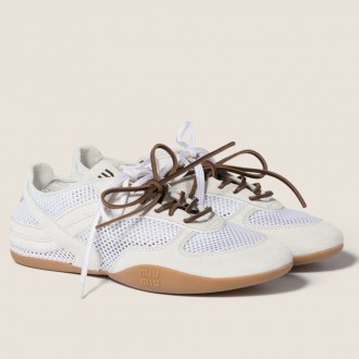 Miu Miu Gymnasium Sneakers in White Mesh and Suede