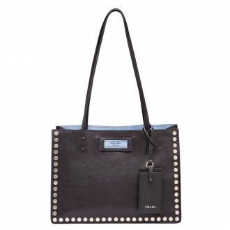 Prada Black Etiquette Calfskin Tote With Metal Stud Trim