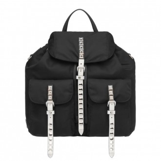 Prada Black Nylon Backpack With White Metal Studs