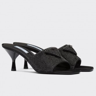 Prada Black Satin Heeled Sandals with Crystals Prada Black Satin Heeled Sandals with Crystals
