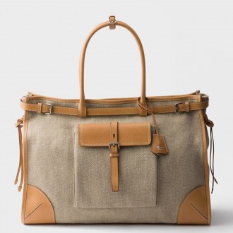 Prada Bonnie Large Tote Bag in Linen and Leather