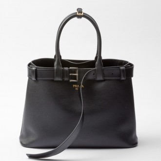 Prada Buckle Large Handbag with Belt in Black Calfskin