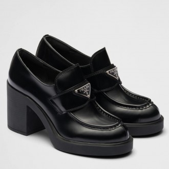 Prada Chocolate High-heeled Loafers In Black Brushed Leather Prada Chocolate High-heeled Loafers In Black Brushed Leather