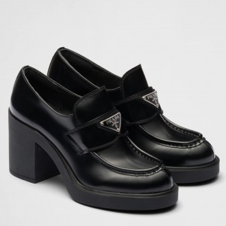 Prada Chocolate High-heeled Loafers In Black Brushed Leather Prada Chocolate High-heeled Loafers In Black Brushed Leather