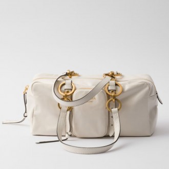Prada Dangle Top-handle Medium Bag in White Vintage Leather
