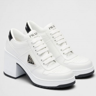 Prada Downtown High-heeled Sneakers In White Leather Prada Downtown High-heeled Sneakers In White Leather