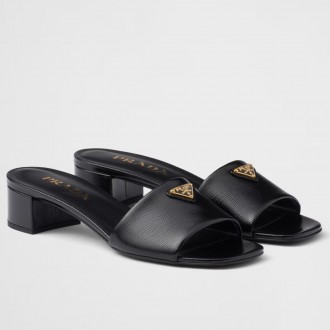 Prada Heeled Sandals 35mm in Black Saffiano Leather Prada Heeled Sandals 35mm in Black Saffiano Leather