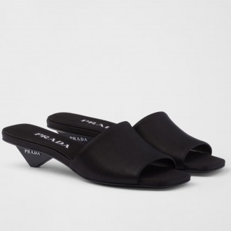 Prada Heeled Slides 35mm in Black Satin Prada Heeled Slides 35mm in Black Satin