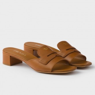 Prada Heeled Slides 35mm in Brown Calfskin Prada Heeled Slides 35mm in Brown Calfskin