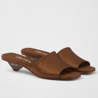 Prada Heeled Slides 35mm in Tobacco Satin Prada Heeled Slides 35mm in Tobacco Satin