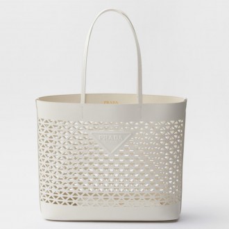Prada Large Tote Bag in White Perforated Leather