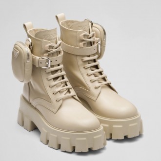 Prada Monolith Boots in Beige Leather and Nylon Fabric Prada Monolith Boots in Beige Leather and Nylon Fabric