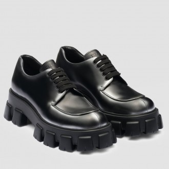 Prada Monolith Lace-up Loafers in Black Brushed Leather Prada Monolith Lace-up Loafers in Black Brushed Leather