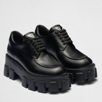 Prada Monolith Lace-up Shoes in Black Brushed Leather Prada Monolith Lace-up Shoes in Black Brushed Leather