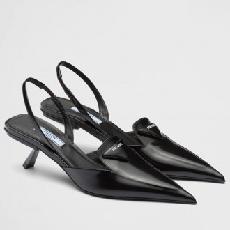 Prada Slingback Pumps 55MM In Black Brushed Leather Prada Slingback Pumps 55MM In Black Brushed Leather
