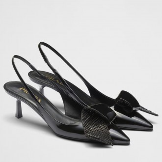 Prada Slingback Pumps 55mm in Black Patent with Crystals Ornament Prada Slingback Pumps 55mm in Black Patent with Crystals Ornament