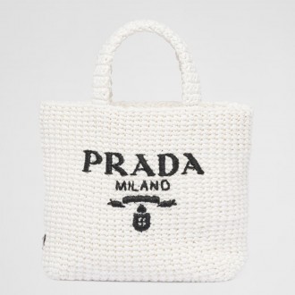 Prada Small Crochet Tote Bag in White Raffia-effect Yarn