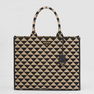 Prada Symbole Large Bag In Black/Beige Jjacquard Fabric Prada Symbole Large Bag In Black/Beige Jjacquard Fabric