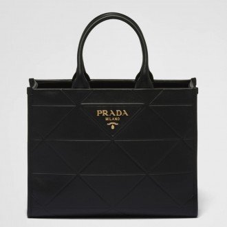 Prada Symbole Medium Bag with Topstitching in Black Leather Prada Symbole Medium Bag with Topstitching in Black Leather
