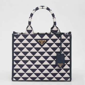 Prada Symbole Small Bag In White/Blue Jjacquard Fabric Prada Symbole Small Bag In White/Blue Jjacquard Fabric