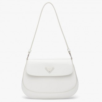 Prada White Brushed Leather Cleo Shoulder Bag with Flap