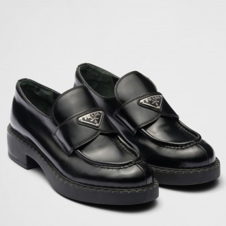 Prada Women's Loafers In Black Brushed Leather Prada Women's Loafers In Black Brushed Leather