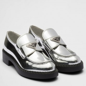 Prada Women's Loafers In Silver Metallic Leather Prada Women's Loafers In Silver Metallic Leather