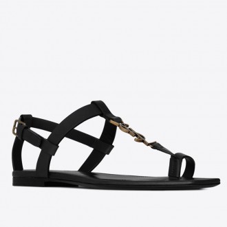 Saint Laurent Cassandra Flat Sandals In Black Calfskin Saint Laurent Cassandra Flat Sandals In Black Calfskin