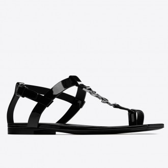 Saint Laurent Cassandra Flat Sandals In Black Patent Leather Saint Laurent Cassandra Flat Sandals In Black Patent Leather