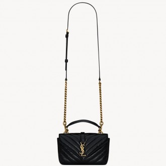 Saint Laurent College Mini Chain Bag in Black Crackled Leather