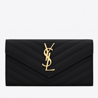 Saint Laurent Large Monogram Flap Wallet In Black Grained Leather Saint Laurent Large Monogram Flap Wallet In Black Grained Leather