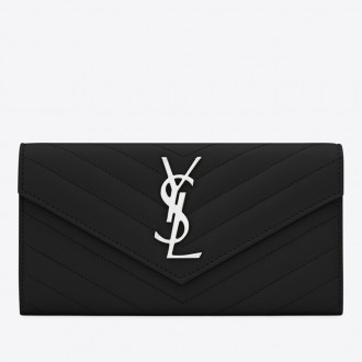 Saint Laurent Large Monogram Flap Wallet In Noir Grained Leather Saint Laurent Large Monogram Flap Wallet In Noir Grained Leather
