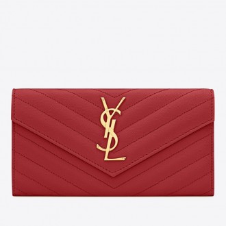 Saint Laurent Large Monogram Flap Wallet In Red Grained Leather Saint Laurent Large Monogram Flap Wallet In Red Grained Leather