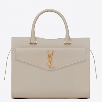 Saint Laurent Medium Uptown Tote In Blanc Smooth Leather