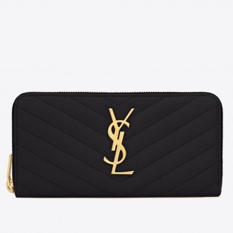 Saint Laurent Monogram Zip Around Wallet In Black Grained Leather Saint Laurent Monogram Zip Around Wallet In Black Grained Leather