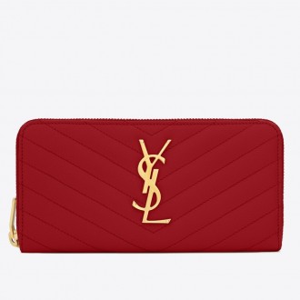 Saint Laurent Monogram Zip Around Wallet In Red Grained Leather Saint Laurent Monogram Zip Around Wallet In Red Grained Leather