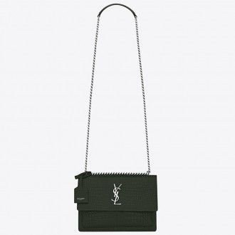 Saint Laurent Sunset Medium Bag In Green Crocodile Embossed Leather Saint Laurent Sunset Medium Bag In Green Crocodile Embossed Leather