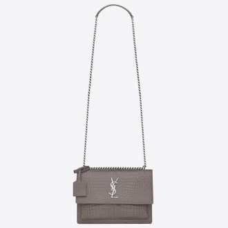 Saint Laurent Sunset Medium Bag In Grey Crocodile Embossed Leather Saint Laurent Sunset Medium Bag In Grey Crocodile Embossed Leather