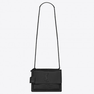 Saint Laurent Sunset Medium Bag In Noir Crocodile Embossed Leather Saint Laurent Sunset Medium Bag In Noir Crocodile Embossed Leather